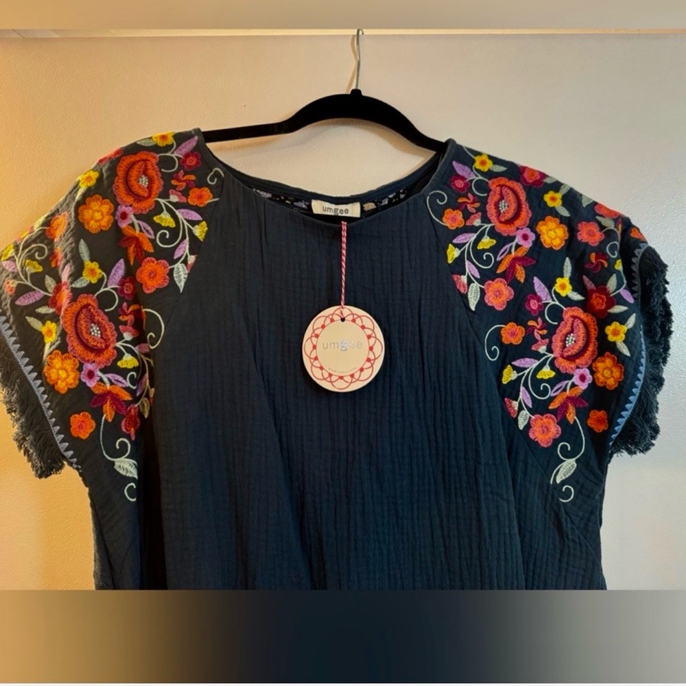 Umgee Navy Blue Dress with Floral Embroidery on Sleeves-BRAND NEW WITH TAGS